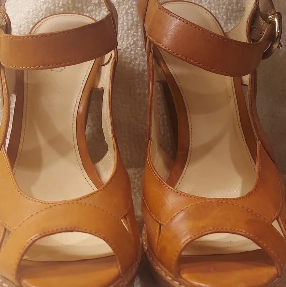Used Coach Leather Peep Toe Buckle Tie 5"  Heels, one heel has water stain - Picture 2 of 5